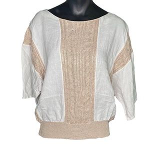 Vintage 80s Mondi White Batwing Sleeve Shirt with Beige Cable Knit panels 40 M L